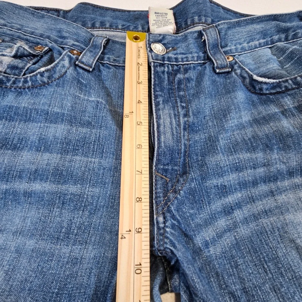 True Religion Mens Boot Cut Jeans Blue Distressed Graphic Back Pocket 40 USA